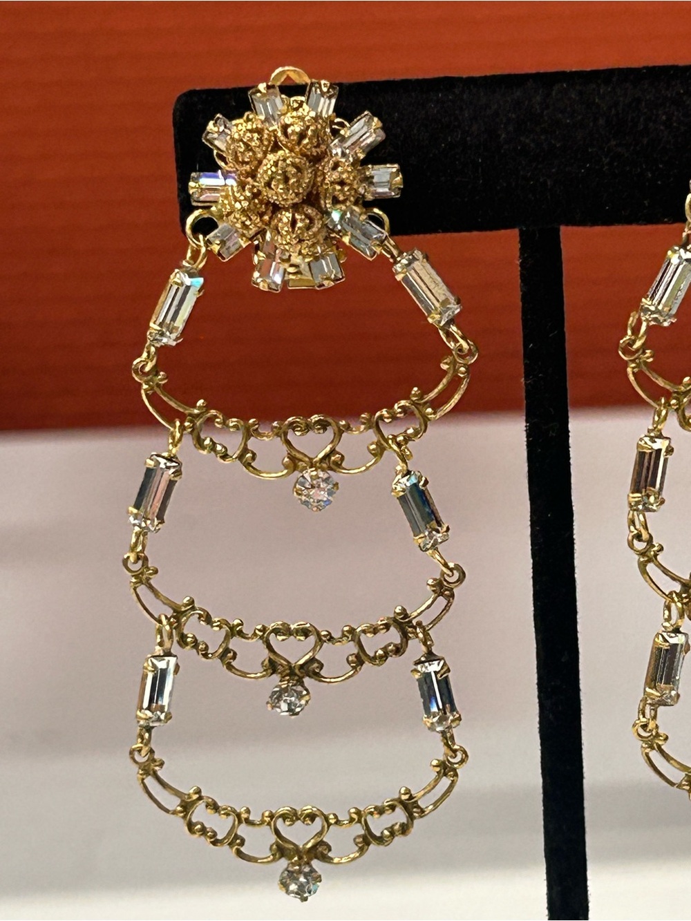 Stunning! 1950’s Eugene Schultz gold plated chandelier crystal earrings